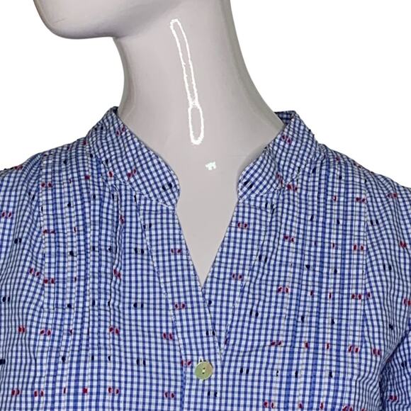 Ruby Rd. Button Down Shirt Petite Large Blue White Checkered Roll Tab Sleeves - Picture 2 of 13
